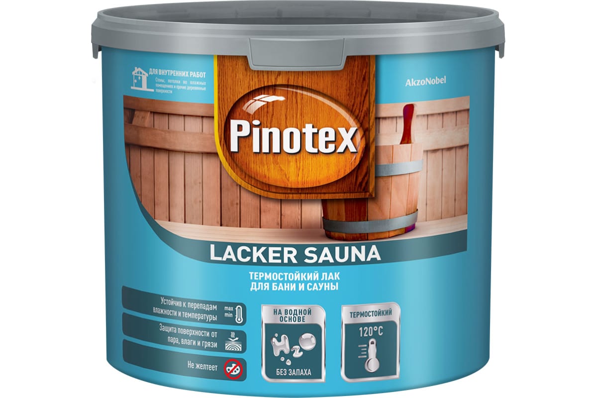 Термостойкий лак Pinotex Lacker Sauna / Пинотекс Лакер для сауны и бани, полуматовый, на водной основе с возможностью колеровки